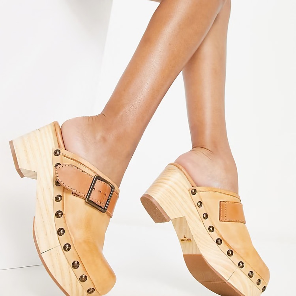 Free People Culver City Clog Mule Leather Studded Wooden Platform Light Academia - Picture 9 of 14